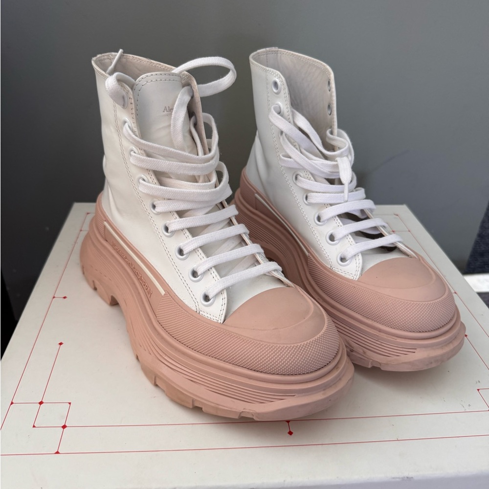 White and Tan High-Top Sneakers